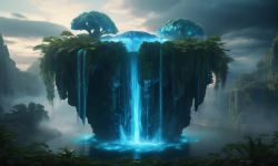 Floating Island with Bioluminescent Vegetation Floating island with waterfalls and bioluminescent plants