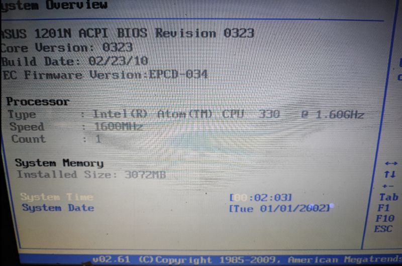 BIOS Screen of ASUS 1201N Computer BIOS screen displaying system information of ASUS 1201N computer.