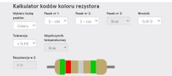 Kalkulator kodów kolorów rezystora z ustawieniem czterech pasków i wynikiem 0,52 Ω
