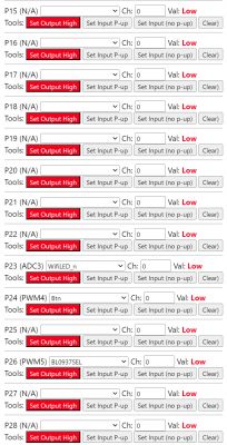 Web app interface for managing GPIO outputs with visible buttons to set outputs to high.