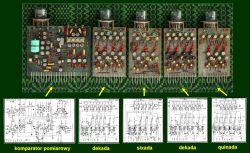 Five vintage circuit modules from the 1960s with matching schematics labeled below