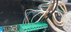 Zbliżenie na okablowanie podłączone do zielonej listwy zaciskowej w urządzeniu elektronicznym
