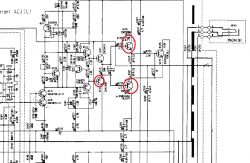 Schemat obwodu wzmacniacza Yamaha AX-500 z zaznaczonymi elementami.