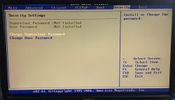 BIOS screen showing “Security Settings” tab with supervisor and user passwords listed as not installed.