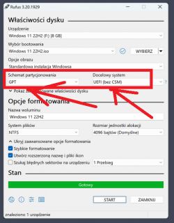 Ekran programu Rufus z ustawieniami schematu partycjonowania GPT i docelowego systemu UEFI.