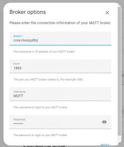 Broker options window with fields for MQTT configuration.