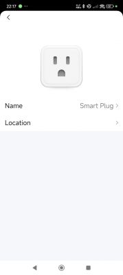 Smart Plug Application Interface Smartphone application interface with an image of a smart plug and options for setting name and location.
