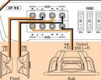 Jak zmostkować 2 kanały w Hertz EP4 do subwoofera 4-omowego?