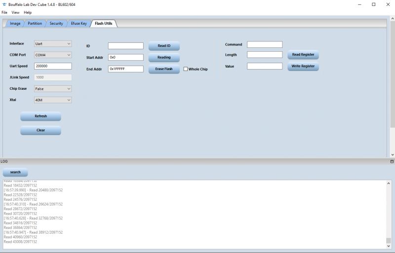 User interface of Bouffalo Lab Dev Cube 1.4.8 software with Flash Utils tab, displaying various settings and flash memory control options.