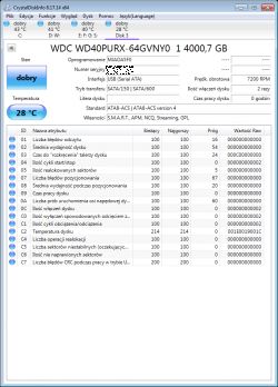 Zrzut ekranu programu CrystalDiskInfo pokazujący stan dysku twardego WDC WD40PURX-64GVNY0.