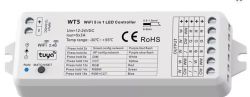 Sterownik LED WT5 WiFi 5 w 1 z terminalami podłączeniowymi i opisanymi funkcjami przycisku konfiguracji.