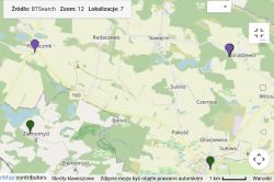 Mapa z lokalizacjami BTS w okolicach Sulina z zaznaczonymi punktami Play i Plus