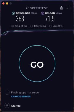 Zrzut ekranu Speedtest z wynikiem: pobieranie 363 Mb/s, wysyłanie 71,5 Mb/s, ping 12 ms