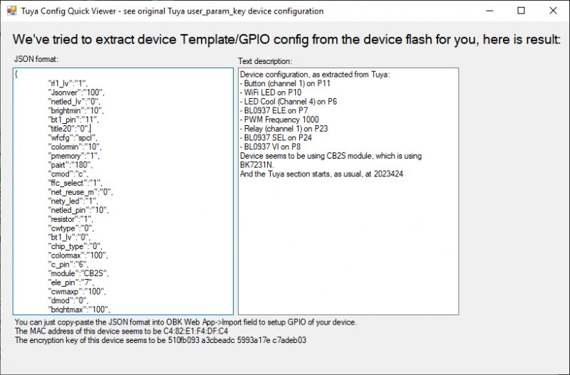 Zrzut ekranu z konfiguracją urządzenia Tuya w formacie JSON oraz opisem tekstowym.