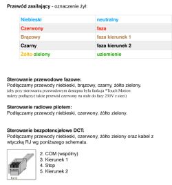 Tabela z kolorami przewodów i ich oznaczeniami oraz instrukcje podłączania zasilania i sterowania karnisza elektrycznego.