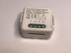 ATLO-SW1-TUYA Wi-Fi Relay Module White ATLO-SW1-TUYA Wi-Fi relay module with screw terminals and technical specification on top of the case.