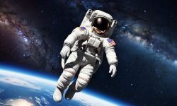 Astronaut in Space Astronaut floating in space above Earth, with a galaxy in the background.