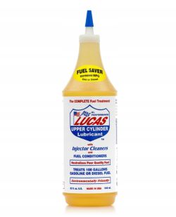 Butelka Lucas Upper Cylinder Lubricant z niebieską końcówką i etykietą informacyjną