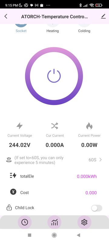 Tuya Energy Meter Control Screen Tuya app screen for energy meter with control functions.
