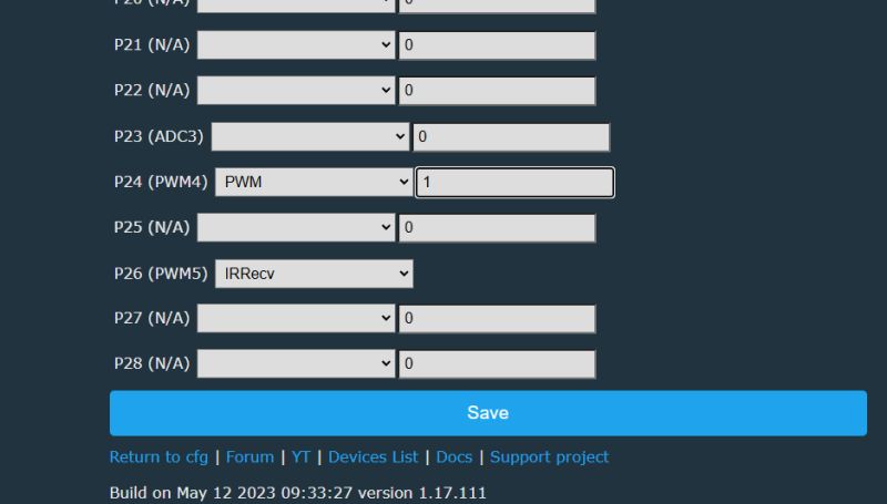 Screenshot of OpenBeken GPIO config, P24 set to PWM and P26 to IRRecv