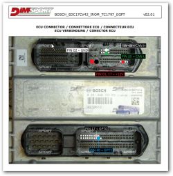 Close-up of a BOSCH engine control unit with labeled pins and connection descriptions, Dimsport branding visible.