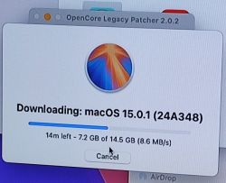 Downloading macOS 15.0.1 with OpenCore Legacy Patcher Window downloading macOS 15.0.1 in OpenCore Legacy Patcher