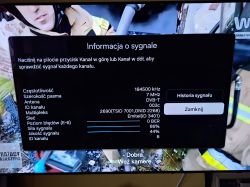 Ekran telewizora z informacją o sygnale DVB-T, siła 66%, jakość 44%