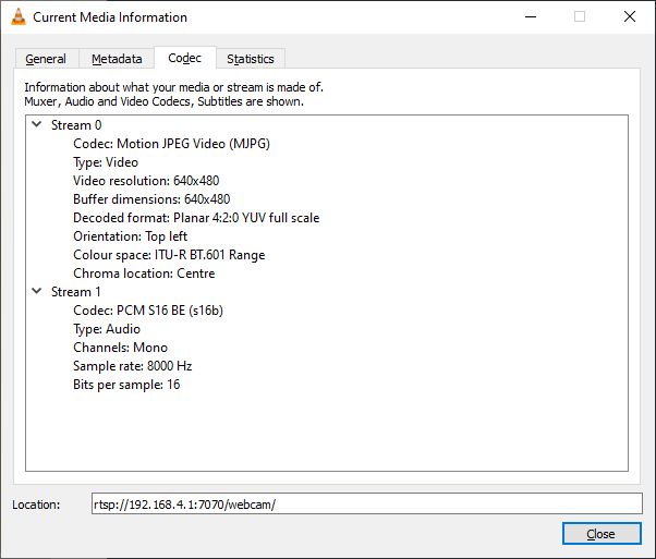 VLC media stream info with 640x480 video and mono audio VLC window showing stream info for 640x480 video and mono PCM audio at 8000 Hz
