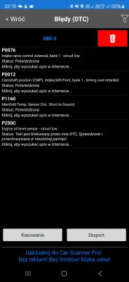 Lista błędów diagnostycznych z aplikacji OBD-II z czterema kodami błędów.