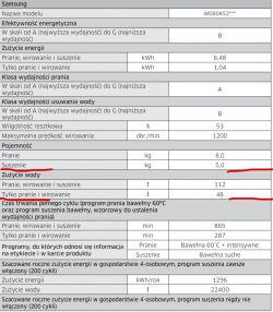 Tabela danych technicznych pralko-suszarki Samsung z modelem WD80K52 przedstawiająca zużycie energii, pojemność i czas trwania cykli.