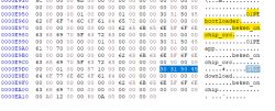 Hexadecimal code snippet with textual annotations.