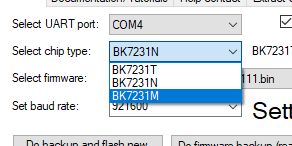 Screenshot des BK7231 Flash-Werkzeugs Screenshot des Flash-Werkzeugs für BK7231-Chips mit Dropdown-Menü für Chip-Typen.