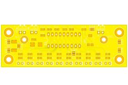 Render PCB w kolorze żółtym z footprintami LED1–LED10, złączami i otworami montażowymi