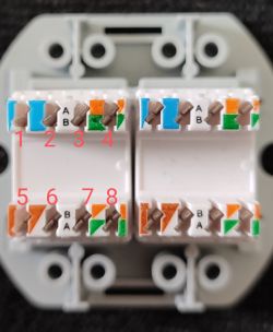 Kolejność żył w gnieździe RJ45 według standardu B – czy dobrze rozpoznałem kolory?