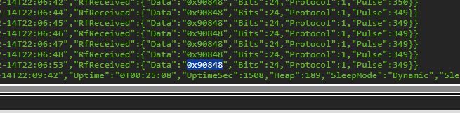 OBK console screenshot showing RF code 0x90848 received in hexadecimal format
