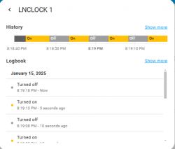 Screenshot of history and event log for device LNCLOCK 1, showing on and off cycles.