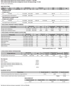 Zrzut faktury za energię elektryczną: tabela odczytów licznika, rozliczenie poboru i wprowadzenia energii.