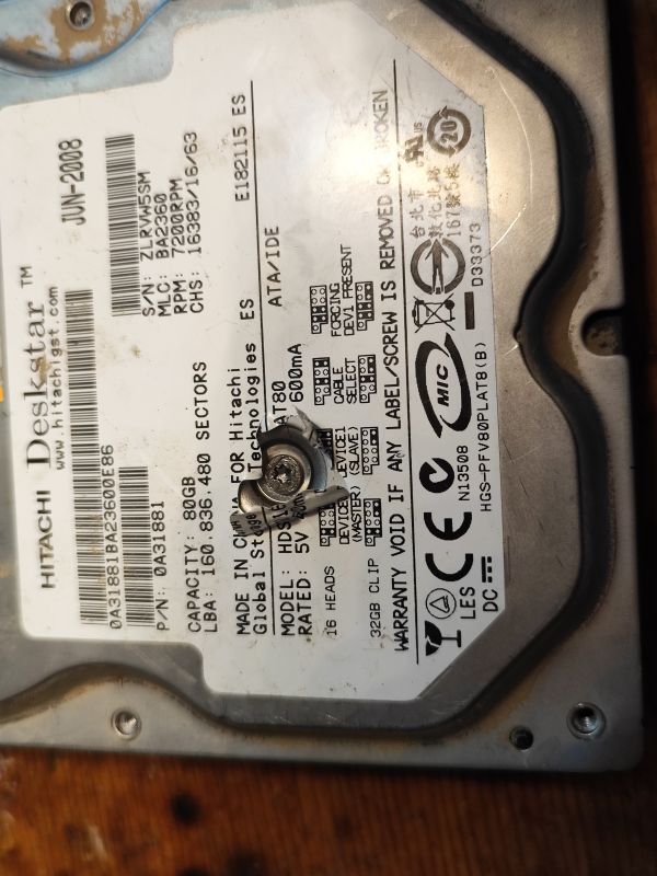 Hitachi Hard Drive Label from 2008 Hitachi hard drive label with technical specifications.