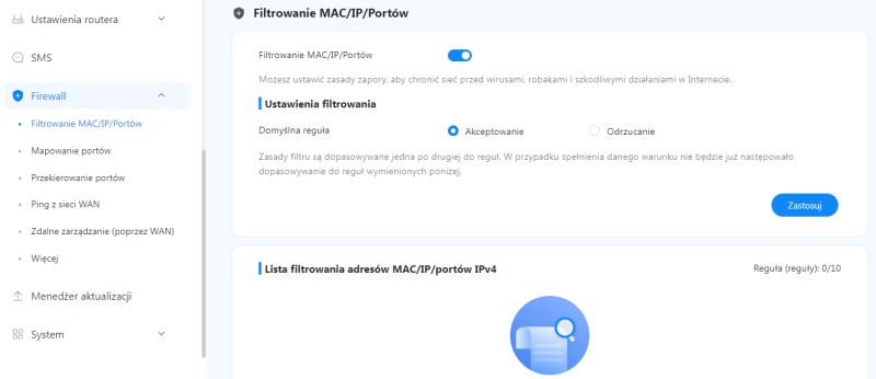 Panel filtracji MAC/IP w ustawieniach firewalla routera z domyślną regułą „Akceptowanie”.