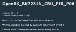 Screen displaying information about the device OpenBK_BK7231N_CBU_PIR_P06, including PIR channel status and battery level.