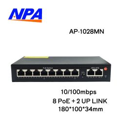 Product graphic: NPA AP-1028MN PoE switch with 10 Ethernet ports and 10/100 Mbps specifications