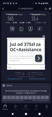 Wynik testu prędkości 5G z pobieraniem 565 Mbps i wysyłaniem 15,4 Mbps
