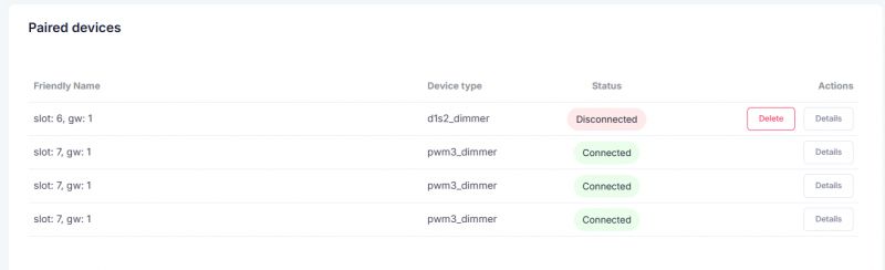Table showing paired devices with columns for name, type, status, and available actions.