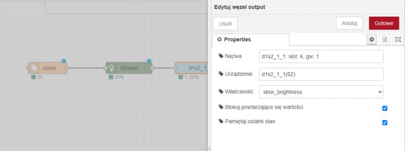 Output Node Configuration in Home Automation Editor Screenshot of a home automation node editor showing output node properties configuration dialog.