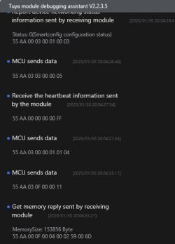 Screenshot of Tuya module debugging assistant V2.2.3.5 interface showing debugging messages related to the TuyaMCU module.
