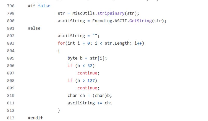 A fragment of C# code with a conditional block and a loop that filters bytes to ASCII characters.
