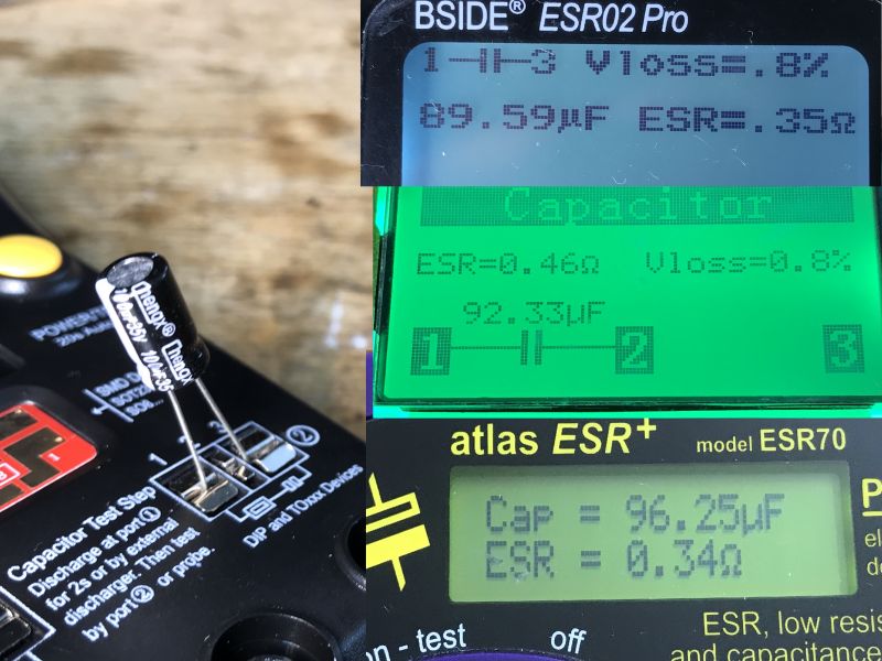 Comparison of Capacitor Measurement Results by ESR Testers Comparison of capacitor test results using BSIDE ESR02 Pro, LCR-T4, and ESR70 testers.