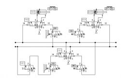 Pneumatic schematic diagram showing various valves, actuators, and symbols representing the control circuit.