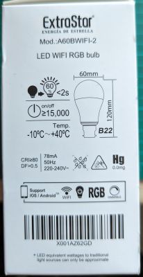 Box of EXTRASTAR LED bulb A60BWIFI-2 displaying technical specifications.