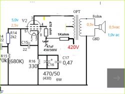 Fragment schematu wzmacniacza lampowego z zaznaczonym napięciem anodowym 420V.